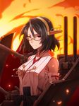  black_eyes black_hair commentary_request detached_sleeves glasses hairband kantai_collection kirishima_(kantai_collection) looking_at_viewer machinery nontraditional_miko short_hair solo turret yokke 