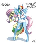  anthro anthrofied blue_fur blush bottomless breasts cleavage clothed clothing duo equine female feral fluttershy_(mlp) friendship_is_magic fur hair horse mammal multi-colored_hair my_little_pony nurse pegasus pink_hair pony purple_eyes pusspuss pussy rainbow_dash_(mlp) rainbow_hair text wings yellow_fur 