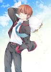  bouquet brown_hair flower grin hano_haruka little_busters! male_focus natsume_kyousuke red_eyes school_uniform smile standing 
