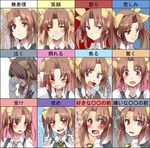  ahoge anger_vein arm_behind_head bad_id bad_pixiv_id blush brown_hair chart closed_eyes collared_shirt crying expression_chart expressions eyebrows_visible_through_hair fingers_together flower flying_sweatdrops gloves hair_ornament hair_ribbon heart highres kagerou_(kantai_collection) kantai_collection laughing long_hair looking_away looking_to_the_side michimaru_(michi) motion_lines multiple_views neck_ribbon open_mouth purple_eyes ribbon scared school_uniform shirt sidelocks smile sweatdrop tears thought_bubble translated twintails white_gloves white_shirt yellow_ribbon 