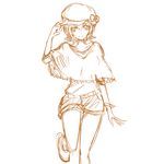  belt capelet eyelashes fashion happy hat heartcatch_precure! leg_up looking_at_viewer monochrome myoudouin_itsuki poncho precure shorts simple_background sketch smile solo standing standing_on_one_leg tsukikage_oyama white_background 
