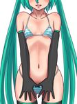  bikini elbow_gloves gloves green_hair hatsune_miku head_out_of_frame long_hair navel o-minato skindentation solo striped striped_bikini swimsuit thighhighs twintails very_long_hair vocaloid white_background 