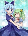  alternate_costume bad_id bad_pixiv_id banned_artist blue_background blue_eyes blue_hair bow cirno closed_eyes daiyousei dress facing_viewer fairy_wings flower gradient gradient_background green_hair hair_bow hair_flower hair_ornament heart looking_at_viewer multiple_girls open_mouth puffy_short_sleeves puffy_sleeves ribbon rose short_hair short_sleeves side_ponytail smile touhou wings yellow_flower yellow_rose yuzuno_(yz_t) 