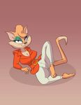  animal_ears animal_tail arm_support breasts cat cat_ears cleavage clothed clothing coat dodgyrommer eyeshadow fantomcat feline female fur hair hindpaw inviting makeup mammal pants paws plantigrade solo spread_legs spreading tabitha_wildcat 