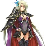 armor artist_request black_armor blonde_hair breasts bridal_gauntlets cape character_request covered_navel expressionless hair_ornament hairpin hand_on_hip highres langrisser leotard long_hair medium_breasts pauldrons purple_cape red_cape red_eyes solo thighhighs white_background 