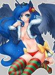  animal_ears bell blue_hair boots bow crown feathered_wings fur_trim green_eyes high_heels highres horn horse_ears horse_girl jacket long_hair long_sleeves luna_(my_little_pony) my_little_pony my_little_pony_friendship_is_magic navel no_bra panties personification racoon-kun red_panties smile striped striped_legwear thigh_boots thighhighs underwear wings 