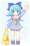  arm_up ascot bag bloomers blue_dress blue_eyes blue_hair bow cirno daiso dress hair_bow heart ice ice_wings kindergarten_uniform long_sleeves looking_at_viewer mary_janes open_mouth shoes solo touhou underwear wings younger 