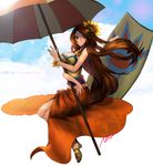  alternate_costume blue_sky breasts brown_eyes brown_hair character_name cleavage cloud flower hair_flower hair_ornament holding holding_umbrella large_breasts league_of_legends leona_(league_of_legends) long_hair midriff nal_(nal's_pudding) orange_skirt pool_party_leona sandals skirt sky smile solo sunflower swimsuit umbrella 