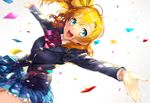  :d blazer blue_eyes buttons confetti hair_ribbon highres jacket kanipanda kousaka_honoka long_hair looking_at_viewer love_live! love_live!_school_idol_project one_side_up open_mouth orange_hair otonokizaka_school_uniform outstretched_arms plaid plaid_skirt ribbon school_uniform skirt smile solo spread_arms 