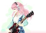  breasts guitar headphones instrument large_breasts long_hair looking_at_viewer music nitroplus open_mouth pink_hair playing_instrument pom_pom_(clothes) red_eyes smile solo super_sonico zoom_(artist) 