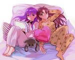  bad_id bad_pixiv_id barefoot brown_hair fate/stay_night fate_(series) green_eyes hair_down heart heart_pillow long_hair matou_sakura multiple_girls pajamas pillow purple_eyes purple_hair reclining siblings sisters smile ssam_(samel10) stuffed_animal stuffed_toy teddy_bear toosaka_rin 