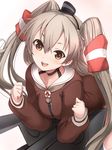  :d amatsukaze_(kantai_collection) brown_eyes cannon choker dress gloves kantai_collection long_hair looking_at_viewer open_mouth red_legwear rensouhou-kun sailor_dress short_dress silver_hair smile sora_to_umi turret two_side_up 