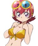  bikini bikini_top breasts eyelashes eyewear_on_head feylin looking_at_viewer manji_(tenketsu) medium_breasts purple_eyes red_eyes red_hair short_hair simple_background solo sunglasses swimsuit tanken_driland white_background 