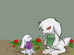  barefoot big_feet bottomless cave_story claws clothing flower fur hatiimiga hindpaw king_(cave_story) lagomorph long_ears mammal mimiga orange_eyes paws rabbit red_eyes scar shirt size_difference smile standing toroko video_games white_fur young 