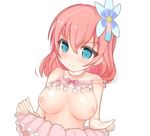  aqua_eyes arykei blush breasts choker flower hair_flower hair_ornament highres large_breasts nipples no_game_no_life pink_hair shiny shiny_skin short_hair simple_background solo stephanie_dora white_background 