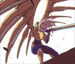  aether_wing_kayle alternate_costume armor blonde_hair blue_eyes bodysuit boots fighting_stance gloves holding holding_weapon ieung-isegae kayle league_of_legends long_hair mechanical_wings one_knee solo sword weapon white_background wings 