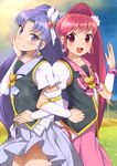  aino_megumi blush bow cure_fortune cure_lovely earrings hair_ornament happinesscharge_precure! heart heart_earrings heart_hair_ornament hikawa_iona jewelry long_hair looking_at_viewer magical_girl multiple_girls niizuka_(c-drop) open_mouth pink_bow pink_eyes pink_hair ponytail precure purple_eyes purple_hair skirt star star_earrings wide_ponytail 