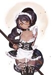  alternate_costume black_hair black_legwear blush breasts brown_eyes cleavage dark_skin dress french_maid_nidalee frown gwayo highres league_of_legends long_hair maid maid_headdress medium_breasts nidalee ponytail solo standing thighhighs 