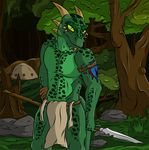  fangs feather forest front green_body horn loincloth looking_at_viewer male outside polearm reptile rock scalie smile solo spear spots standing the_elder_scrolls topless tree veggie55 video_games weapon yellow_eyes 