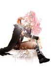  1girl barefoot boots braid bridal_gauntlets cape covering_mouth fingerless_gloves fire_emblem fire_emblem:_kakusei gaia_(fire_emblem) gloves hand_over_own_mouth headband highres moka_(choco_liliy) olivia_(fire_emblem) open_mouth orange_hair pink_hair ponytail sitting smile 