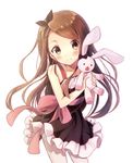  blush brown_eyes brown_hair brown_ribbon hair_ribbon hairband highres idolmaster idolmaster_(classic) long_hair minase_iori nonono ribbon simple_background smile solo standing stuffed_animal stuffed_bunny stuffed_toy white_background 