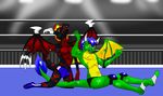  anthro bandage blood blue_eyes blue_hair bulge claws dragon duo fight fighting_ring freakyy-dragon gay genshitatsunora hair hi_res kneeling lorenz male multi-colored_hair necklace open_mouth red_the_dragon sitting topless two_tone_hair wings wrestler wrestling 
