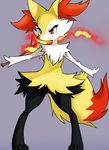  3_toes ambiguous_gender barefoot braixen canine chest_tuft fennec fire fox fur mammal nintendo plain_background pok&#233;mon pok&eacute;mon red_eyes red_nose silver723 solo standing stick toes tuft video_games yellow_fur 