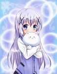  angora_rabbit animal aoi_kanan blue_background blue_eyes blush bunny gochuumon_wa_usagi_desu_ka? hair_ornament hairclip kafuu_chino lavender_hair long_hair looking_at_viewer rabbit_house_uniform solo tippy_(gochiusa) x_hair_ornament 