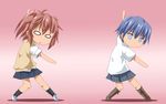  akuma_no_riddle azuma_tokaku blue_eyes blue_hair boots crossover ichinose_haru kill_me_baby kill_me_dance multiple_girls parody plaid plaid_skirt red_hair school_uniform shishinon short_hair skirt sweater_vest trait_connection twintails 