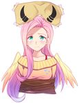  blush bound feathered_wings fluttershy green_eyes horns long_hair my_little_pony my_little_pony_friendship_is_magic paper personification pink_hair rex_k solo sweater tied_up white_background wings 