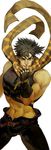 ao666 bare_shoulders black_hair blood blood_on_face blue_eyes fingerless_gloves gloves jojo_no_kimyou_na_bouken joseph_joestar_(young) male_focus midriff muscle scarf solo spiked_hair 