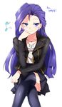  black_legwear black_skirt blue_eyes blue_hair blush crossed_legs earrings jacket jewelry korean long_hair long_sleeves musical_note my_little_pony my_little_pony_friendship_is_magic necklace personification rarity rex_k shirt skirt smirk solo thighhighs translated white_background white_shirt zettai_ryouiki 