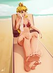  1girl barefoot beach bikini blonde_hair blue_eyes crown feet fire_flower mario_(series) nail_polish princess_peach red_nails scamwich sitting solo super_mario_bros. swimsuit toenail_polish towel 