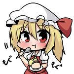  ascot blonde_hair chibi eating flandre_scarlet food hat object_namesake plate pudding red_eyes solo spoon touhou translation_request twumi 