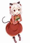  :d animal_ears book book_hug bow dress hair_bow hair_ornament hairclip highres holding holding_book muku_(muku-coffee) object_hug open_mouth original red_dress red_eyes shiro_(muku) silver_hair smile solo tail white_background 