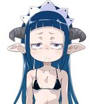  bangs bikini_top blue_hair blunt_bangs flat_chest freckles horns long_hair maid_headdress ookamiuo pointy_ears purple_eyes shakki simple_background solo tanken_driland white_background 