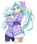  blue_hair blush bow cloudchaser flitter hair_bow hood hoodie hug long_hair long_sleeves looking_at_viewer multiple_girls mutual_hug my_little_pony my_little_pony_friendship_is_magic personification pleated_skirt purple_eyes rex_k shorts skirt smile white_background white_skirt 