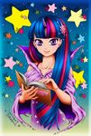  arinko_(sugolife) blue_hair book character_name dress hair_ornament hands highres holding horn long_hair looking_at_viewer multicolored_hair my_little_pony my_little_pony_friendship_is_magic open_book personification pink_hair popped_collar purple_dress purple_eyes smile solo sorceress star twilight_sparkle two-tone_hair wide_sleeves 