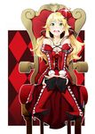  :d blonde_hair boots crown dress earrings green_eyes heart heart_cutout heart_necklace heart_print high_heel_boots high_heels hoshii_miki idolmaster idolmaster_(classic) jewelry knee_boots long_hair open_mouth smile solo throne tkhs 