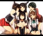  :d ^_^ bare_shoulders black_hair black_serafuku braid breasts brown_hair closed_eyes detached_sleeves fusou_(kantai_collection) hair_ornament highres japanese_clothes kantai_collection kneeling kyouya_(mukuro238) letterboxed long_hair medium_breasts michishio_(kantai_collection) mogami_(kantai_collection) multiple_girls nontraditional_miko open_mouth red_eyes school_uniform serafuku shigure_(kantai_collection) short_hair sitting skirt smile suspenders twintails v_arms yamashiro_(kantai_collection) 