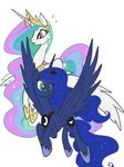  blue_eyes blue_hair crown cutie_mark duo equine female flying friendship_is_magic gold hair horn jowybean mammal moon my_little_pony necklace plain_background princess_celestia_(mlp) princess_luna_(mlp) sibling sisters sparkles white_background winged_unicorn wings 