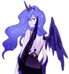  back black_dress blue_eyes blue_hair crown dress feathered_wings frown horn long_hair looking_at_viewer looking_back luna_(my_little_pony) my_little_pony my_little_pony_friendship_is_magic personification rex_k solo tattoo white_background wings 