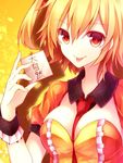  bad_id bad_pixiv_id blonde_hair breasts chocoan kagerou_project kisaragi_momo looking_at_viewer medium_breasts orange_eyes orange_hair ribbon-trimmed_sleeves ribbon_trim side_ponytail smile solo tongue tongue_out 