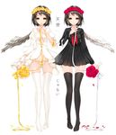  bad_id bad_pixiv_id black_dress black_legwear black_vs_white black_wings bouquet brown_hair dress feathered_wings flower full_body hair_flower hair_ornament juna lace lace-trimmed_panties long_sleeves looking_at_viewer lowleg lowleg_panties multiple_girls navel original panties rose short_hair single_wing smile standing string string_panties thighhighs underwear white_background white_dress white_legwear wings yellow_eyes yellow_panties 