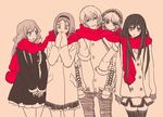  4girls carrying gokukoku_no_brynhildr hairband kazumi_schlierenzauer kiukko kuroha_neko monochrome multiple_girls murakami_ryouta piggyback red_scarf scarf shared_scarf spot_color tachibana_kana takatori_kotori thighhighs 