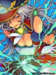  :p bare_shoulders blue_eyes cleavage_cutout elbow_gloves eroe gloves hat junketsu_duelion long_hair mole mole_under_eye original red_eyes silver_hair solo sword tongue tongue_out weapon 