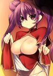  blush breasts chinese_clothes double_bun dress dress_lift kamitsurugi_ouka large_breasts long_hair nipples open_clothes original panties purple_hair red_eyes solo twintails underwear white_panties 