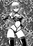  a4typhoon bondage_outfit breasts claws greyscale highres long_hair looking_at_viewer medium_breasts monochrome navel original solo 