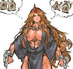  abs beads blonde_hair breasts fundoshi highres horn hoshiguma_yuugi japanese_clothes large_breasts long_hair messy_hair nameo_(judgemasterkou) open_clothes prayer_beads red_eyes solo standing thought_bubble touhou 