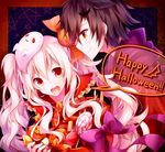  1girl :d bad_id bad_pixiv_id bat_hair_ornament bow candy capelet chocoan costume food frills ghost_mask hair_bow hair_ornament halloween halloween_costume happy_halloween hetero jack-o'-lantern kagerou_project kozakura_marry lollipop long_hair looking_at_viewer mask mask_on_head open_mouth orange_bow pink_bow profile ribbon_trim round_teeth seto_kousuke smile sweets teeth 